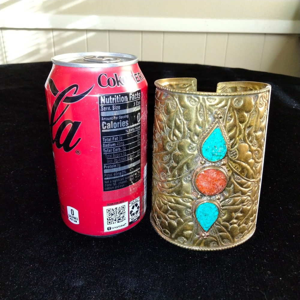 Iris Apfel & Bajalia Brass Turquoise & Coral Inlay HUGE Statement Cuff Bracelet